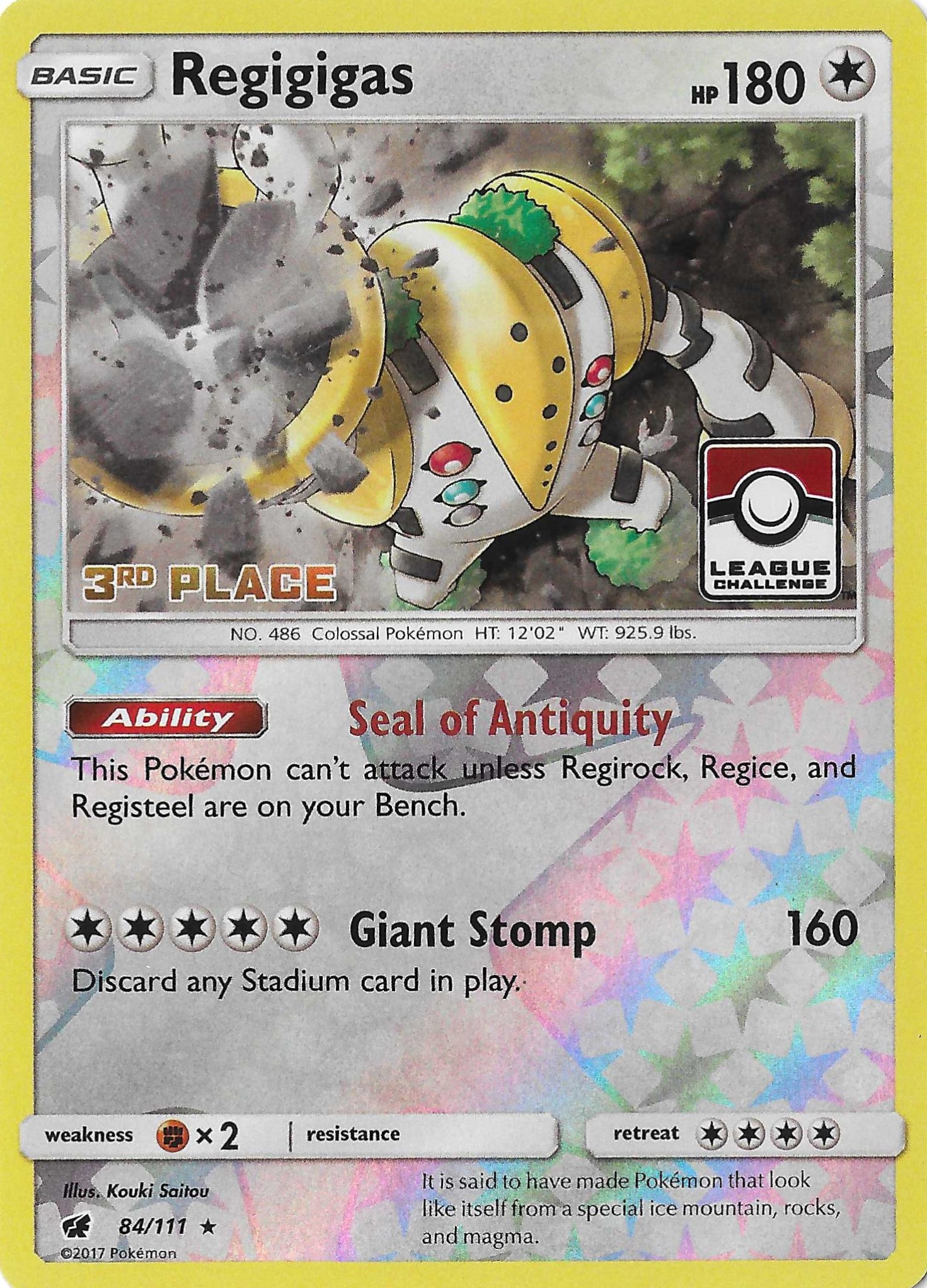 Regigigas 84/111 Crimson Invasion Reverse Holo 3rd PLace League Challenge NM